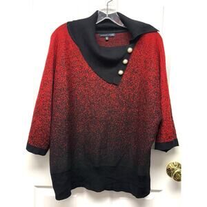 Adrienne Vittadini Sweater 3X Red Black Metallic Knit Asymmetrical Collar